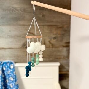 Handmade Mini Baby Mobile- Felt Cloud with Blue Rainstorm Poms